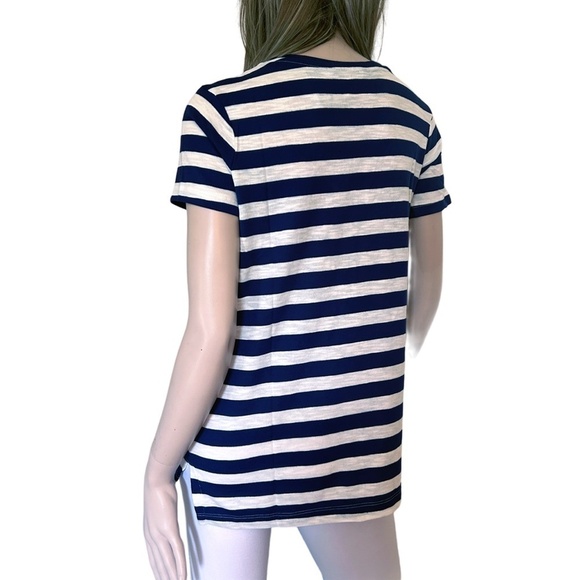 Nicole Miller Stripe Tee shirt Tank Top Navy V-Neck Short Sleeve Hi Low NWOT - Picture 5 of 11